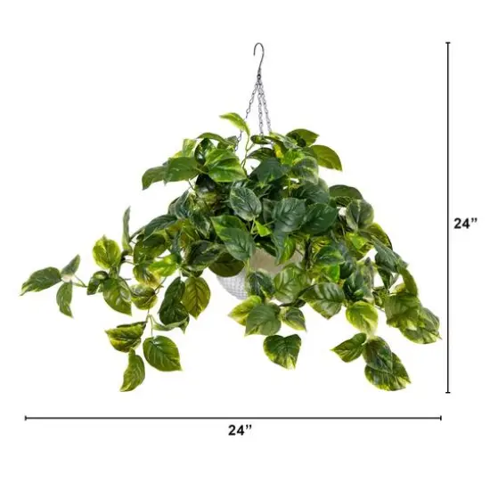 24" UV Resistant Artificial LED Pothos in White Hanging Basket {9}