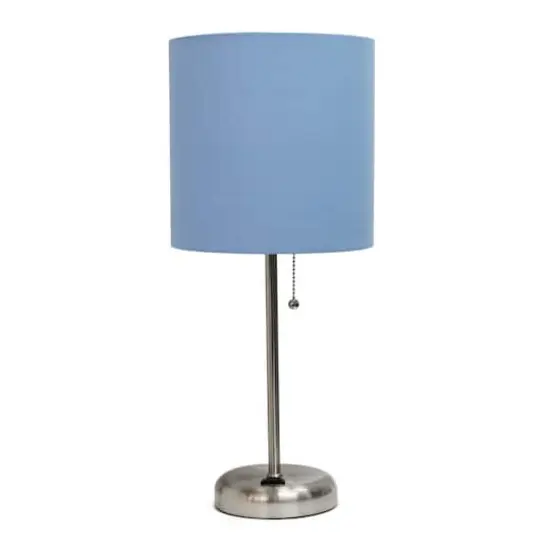 LimeLights 19.5" Stick Lamp with Charging Outlet and Fabric Shade Brushed Steel and Blue {1}