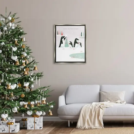 Stupell Industries Warm Winter Wishes Snowy Penguins Framed Floater Canvas Wall Art Gray {3}