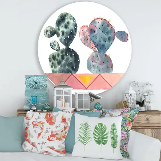 Designart - Cactus Duo In Pink Geometric Pots - Modern Metal Circle Wall Art {4}
