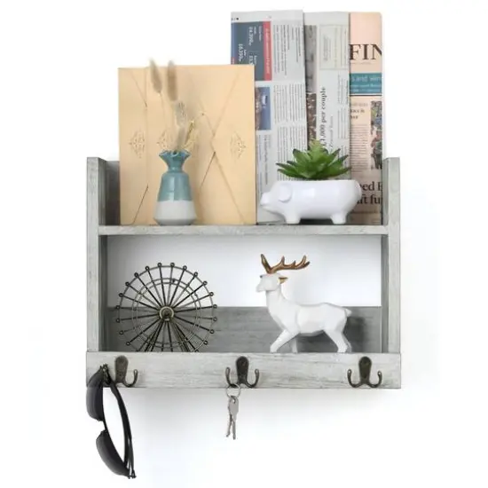 Rustic Wood Floating Storage Shelf with 3 Hooks Gray White {2}