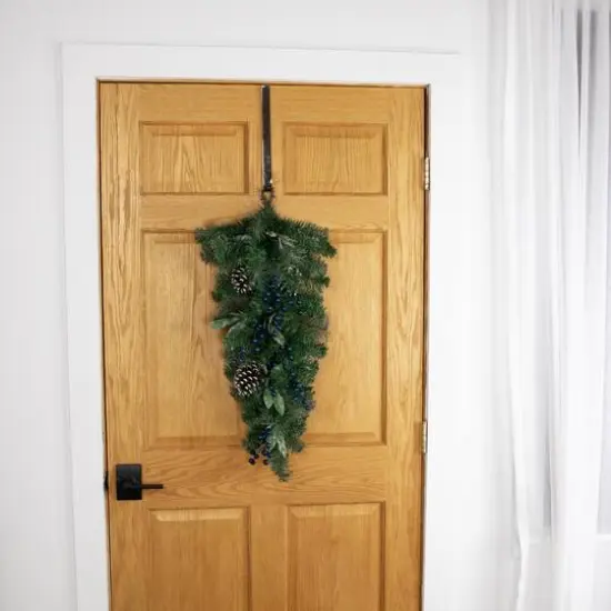 28" Unlit Mixed Pine, Blueberries & Snowy Pine Cones Teardrop Swag {6}