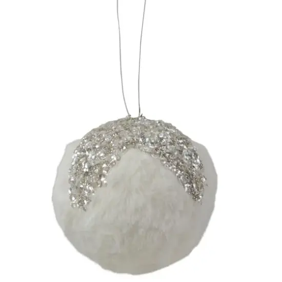 4.25" White And Silver Faux Fur Ball Ornament {1}