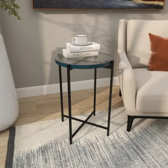 24" Metal X-Shaped Accent Table with Textured Glass Tabletop Black {3}