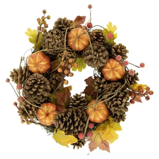 14" Pinecone & Pumpkin Fall Harvest Wreath {1}
