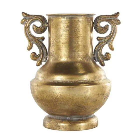 Gold Metal Weathered Vintage Amphora Decorative Vase with Scroll Handles {7}