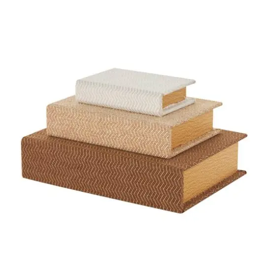 Brown & Cream Linen Fabric Chevron Patterned Decorative Book Storage Box, 3ct. {4}