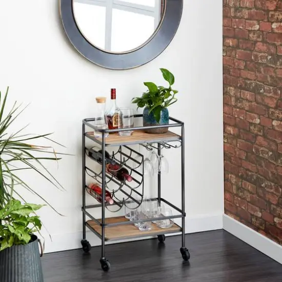 2-Tier Brown Chinese Fir and Metal Industrial Bar Cart {8}