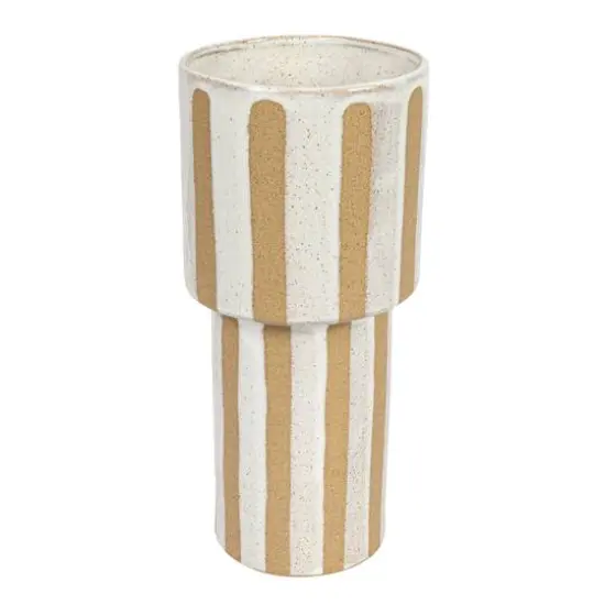 Hello Honey® 11" Cream & Brown Wax Relief Striped Round Stoneware Vase {1}