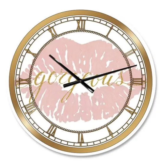Designart 'Fashion Glam Lips On Gold Ii Glam Wall Clock {1}