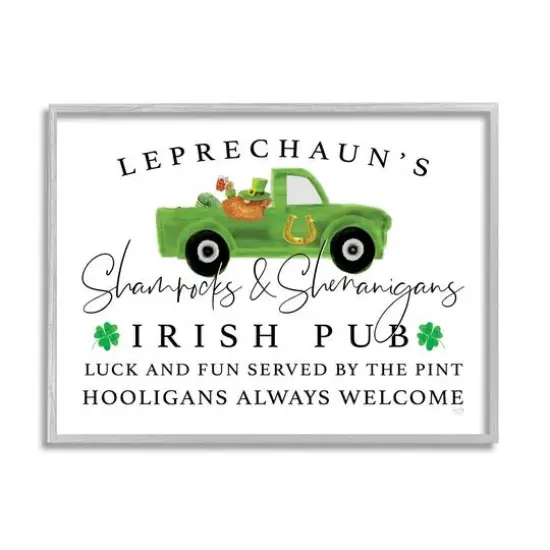 Stupell Industries Irish Pub Whimsical Leprechaun Green Shamrock Details Framed Giclee Art Gray {1}