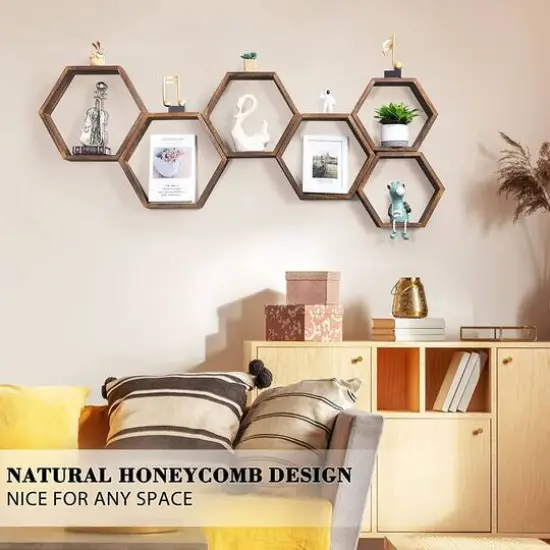 Brown Hexagon Floating Shelves Set {7}