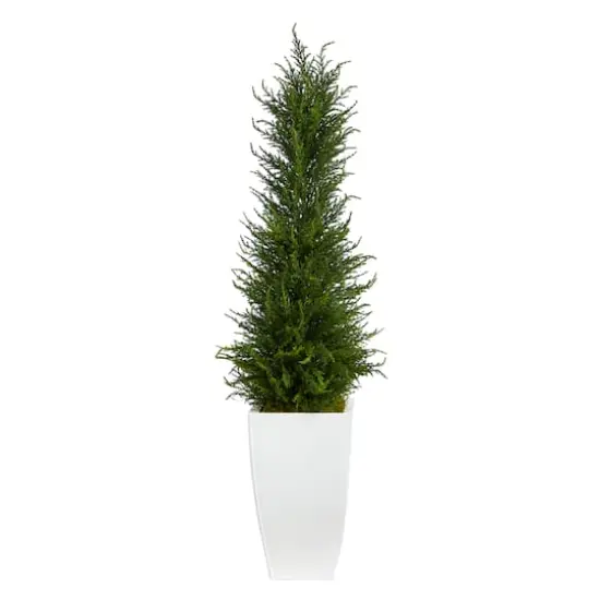 3.5ft. Cypress UV Resistant Artificial Tree in White Metal Planter {1}
