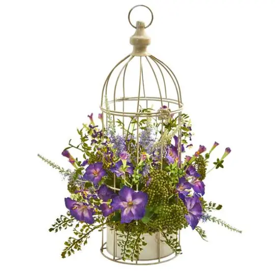 19" Purple Morning Glory Artificial Arrangement in Decorative Bird Cage {1}