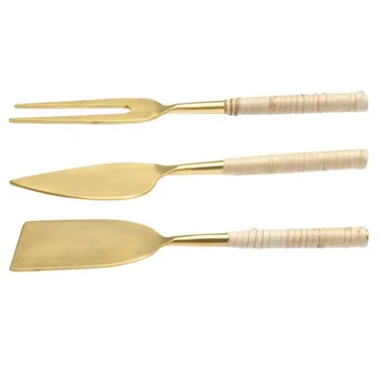 Hello Honey&reg; Gold Stainless Steel Cheese Servers with Woven Rattan Handles Set {4}
