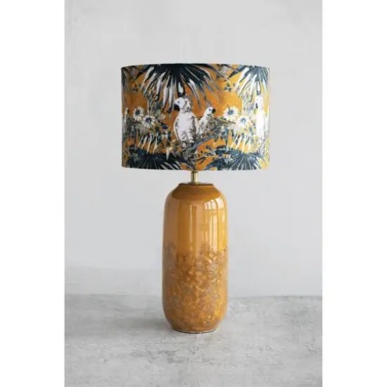 Hello Honey&reg; 21" Reactive Glaze Stoneware Table Lamp with Cockatoo Print Velvet Shade and Inline Switch {5}