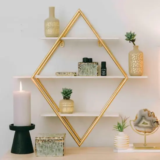 Hello Honey&reg; Wood & Gold Diamond Wall Shelf White {3}