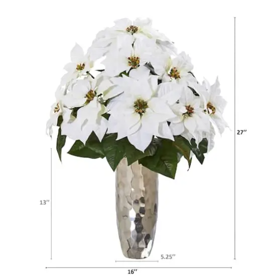 27" White Poinsettia Arrangement in Silver Cylinder Vase {3}