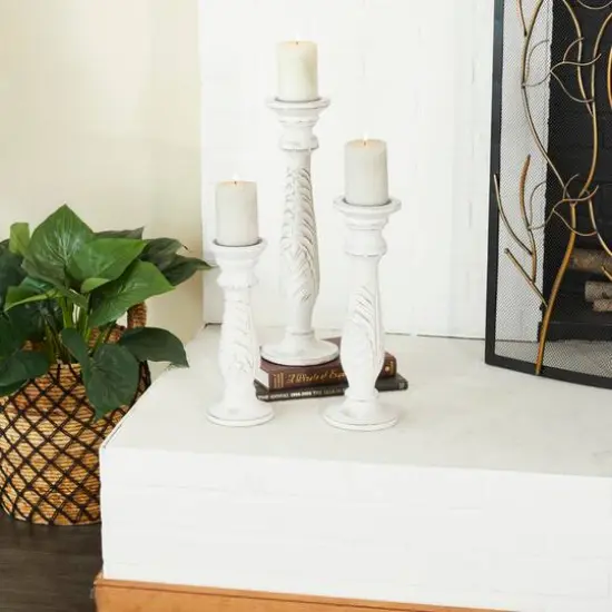 White Mango Wood Traditional Distressed Candle Holder Set {10}