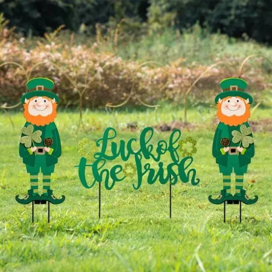 Glitzhome&reg; 26" St. Patrick's Metal Leprechaun & Luck of the Irish Yard Stake Set {3}