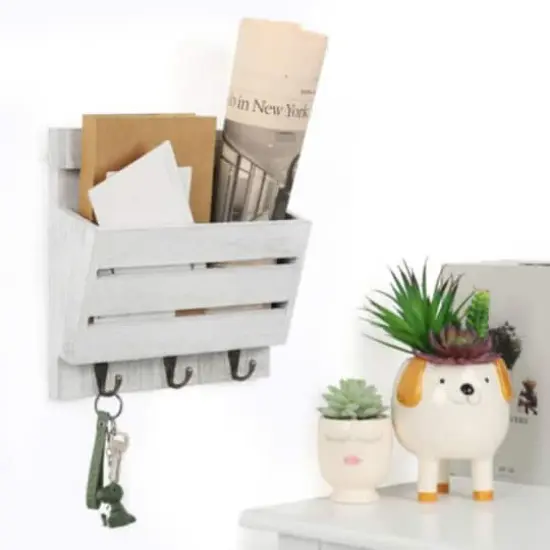 NEX&trade; 10" Rustic White Gray Wood Wall-Mounted Mail & Key Holder Organizer with 3 Key Hooks {5}