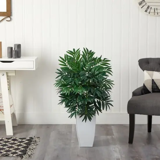 3ft. Bamboo Palm Plant in Decorative White Metal Planter {4}