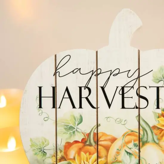 Glitzhome&reg; 9.75" "Happy Harvest" Wooden Pumpkin Table Sign {4}
