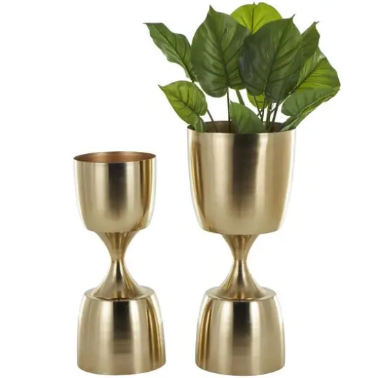 Gold Hourglass Shaped Metal Planter Set with Elevated Base {1}