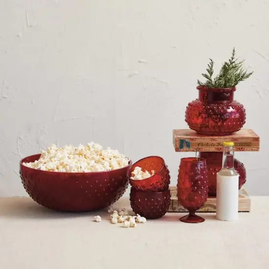 Hello Honey&reg; 4.5qt. Red Glass Hobnail Serving Bowl {3}