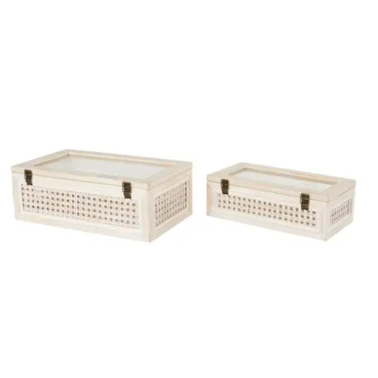 Cream Metal Handmade Woven Storage Box with Bronze Latches & Tempered Glass Tops Set {7}