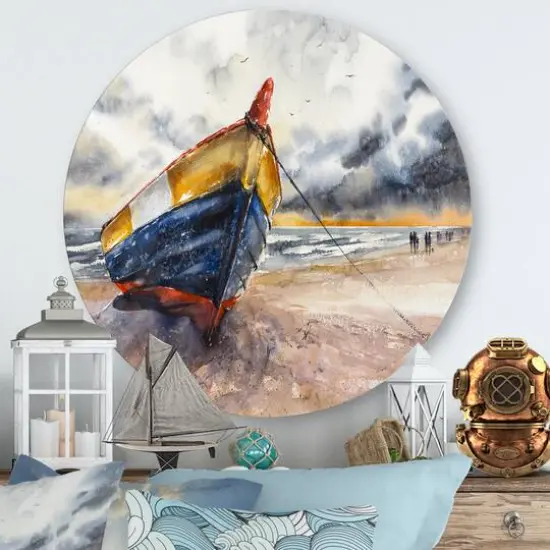 Designart - Wooden Boat On The Baltic Shores - Nautical & Coastal Metal Circle Wall Art {2}