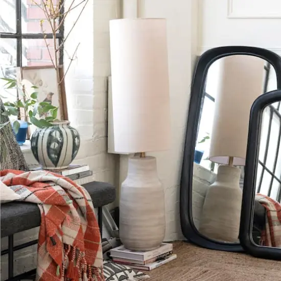 Hello Honey&reg; 4ft. Sand Color Ceramic Floor Lamp with Linen Shade {4}