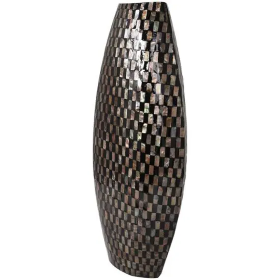24" Black Mother of Pearl Handmade Geometric Mosaic Inspired Thin Vase {3}