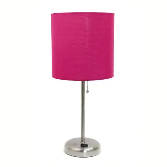 Creekwood Home Oslo 19.5" Power Outlet Table Lamp Brushed Steel Base/Pink Shade {1}