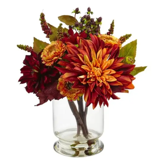 12" Dahlia & Mum Arrangement with Glass Vase  {1}