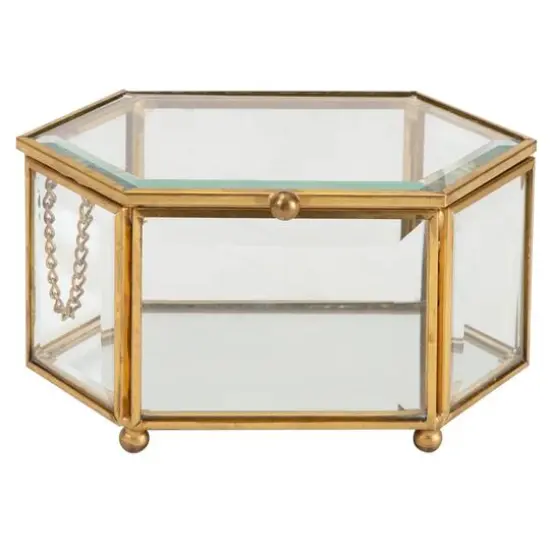 Home Details Vintage Mirrored Bottom Gold Hexagonal Glass Keepsake Box {1}