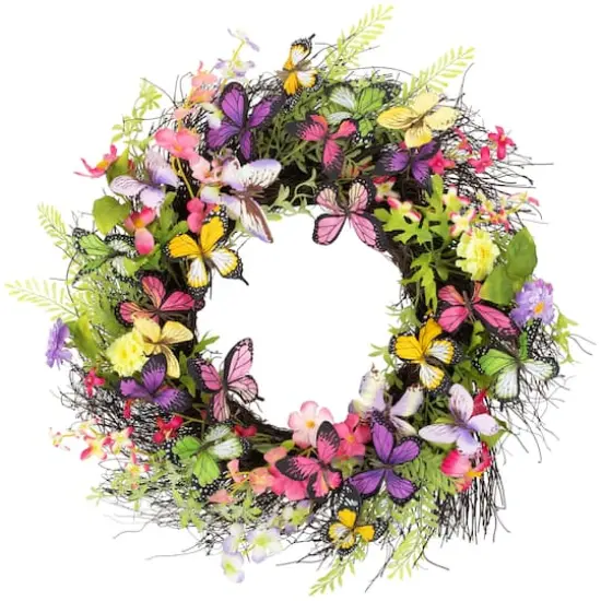 24" Butterfly & Wildflower Floral Twig Spring Wreath {1}