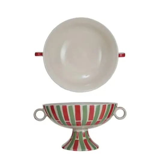 Hello Honey&reg; 13" Red, Green & Cream Hand-Painted Stoneware Footed Bowl with Handles & Stripes {1}