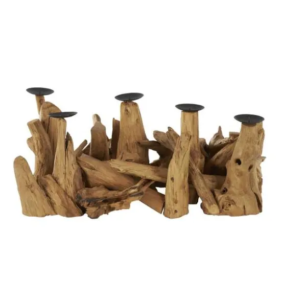 27" Brown Teak Wood Handmade Live Edge Candelabra {4}