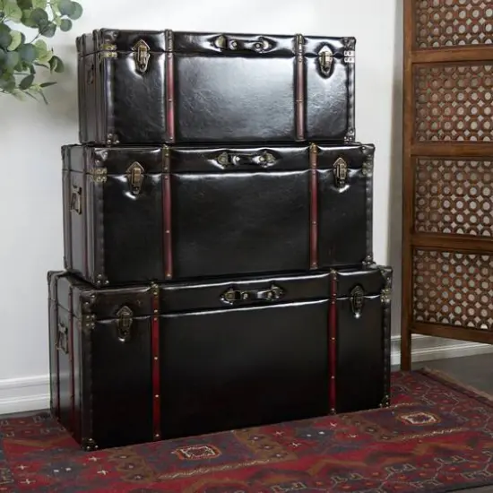 Dark Brown Faux Leather Studded Trunk with Latches & Handles Set {16}