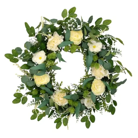 30'' Green and Ivory Eucalyptus Floral Spring Wreath {1}