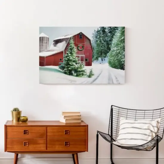 Painted, Snowy Red Barn 30x20 Canvas Wall Art {5}