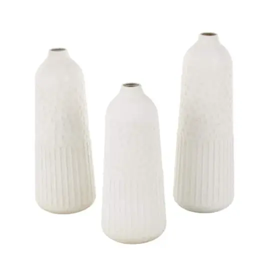 White Metal Textured Decorative Vase with Honeycomb Pattern Set {3}