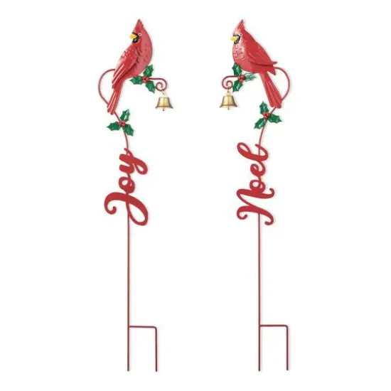 Glitzhome&reg; 3ft. Metal Cardinal Joy & Noel with Bell Yard Stake Set {1}