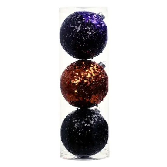 4.75" Orange, Black & Purple Sequin Plastic Ball Ornament Set by Ashland&reg; {1}