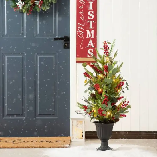 3ft. Pre-Lit Pine Needle & Eucalyptus Leaf Artificial Urn Christmas Porch Tree, Warm White LED Lights {3}