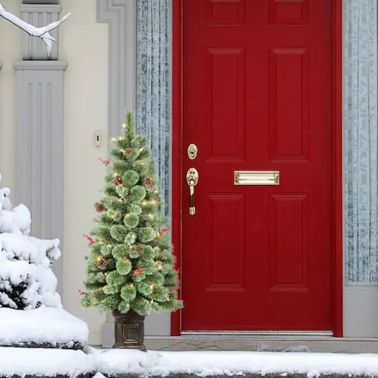 4.5ft. Pre-Lit Natural Pine Artificial Christmas Tree in Decorative Planter, Clear Lights {4}