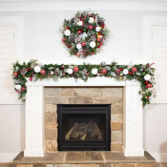 Village Lighting 30" Pre-Lit Frosted Wonderland Christmas Wreath, Red & Clear LED Lights {12}