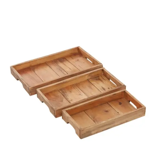 Brown Rectangle Wood Rustic Tray Set {4}