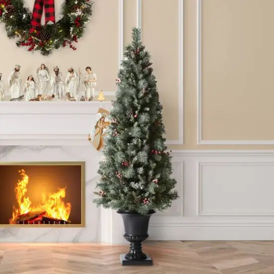 6ft. Pre-Lit Frosted Pinecones & Red Berries Artificial Christmas Porch Tree, Warm White LED Lights {4}